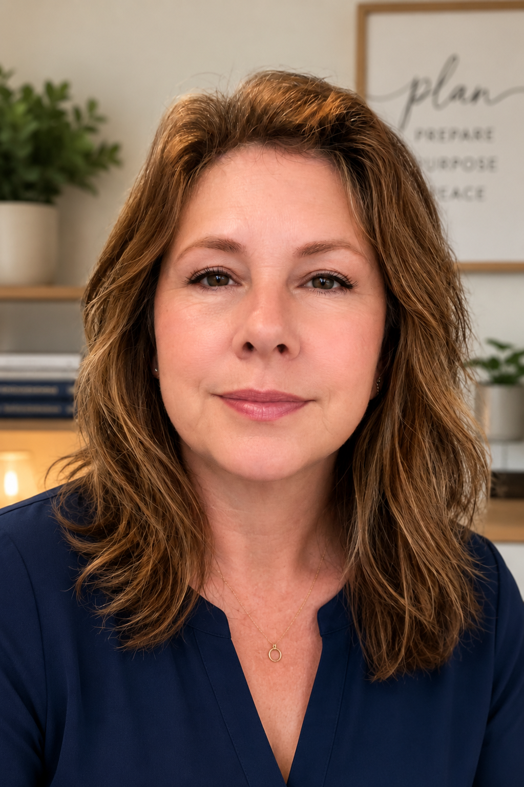 Portrait of Angela in a navy blouse in her home office