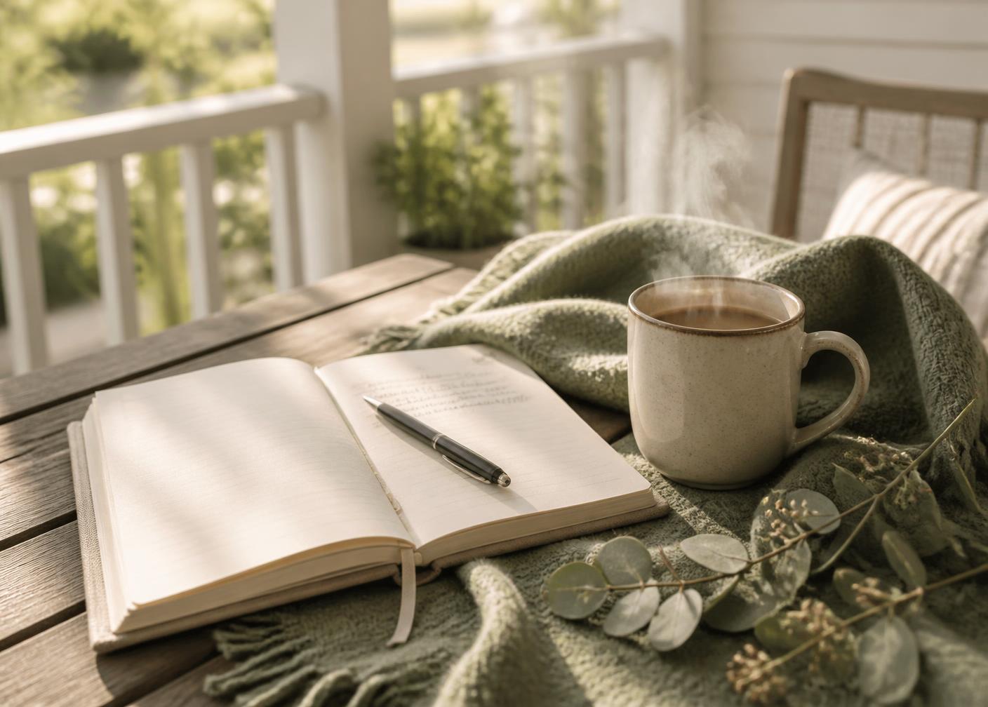 An open notebook and a warm mug of morning coffee on a sunlit porch table