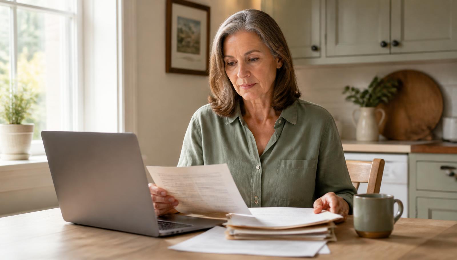 A woman in her fifties sitting at a sunlit kitchen table with a laptop and a stack of old employment paperwork